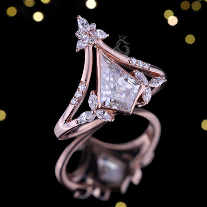 Kite Moissanite Bezel Engagement Ring Set, Marquise Curved 14k Rose Gold