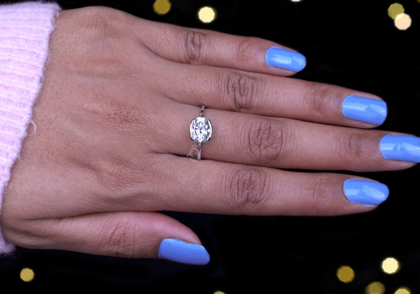1.67CT East-West Oval Moissanite Solitaire Ring – Half Bezel Set 10K/14K/18K White Gold Engagement Ring
