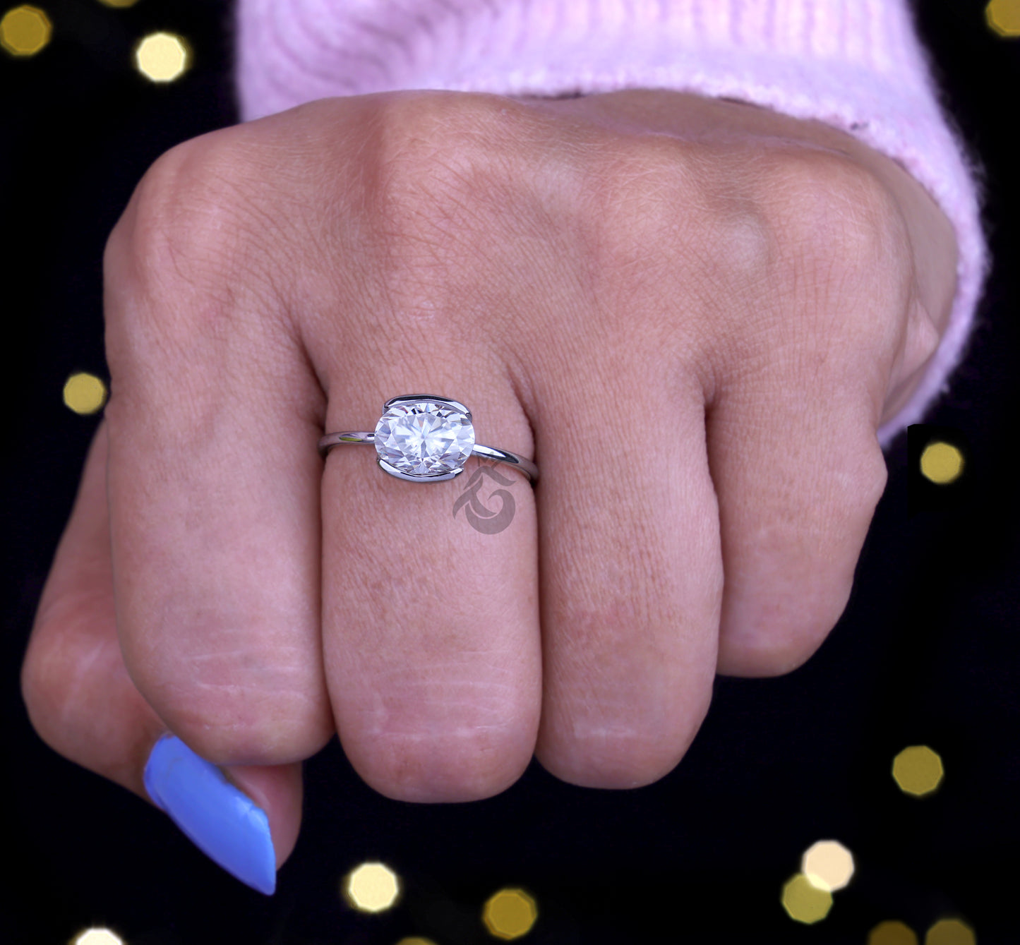 1.67CT East-West Oval Moissanite Solitaire Ring – Half Bezel Set 10K/14K/18K White Gold Engagement Ring
