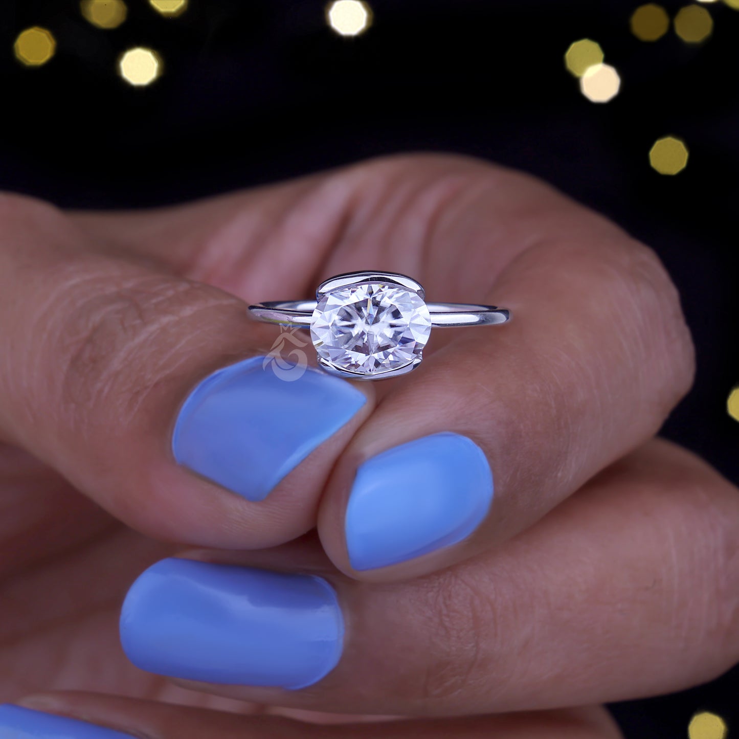 1.67CT East-West Oval Moissanite Solitaire Ring – Half Bezel Set 10K/14K/18K White Gold Engagement Ring