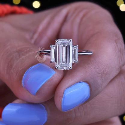 Emerald Cut Three-Stone Moissanite Ring – 14K Gold Baguette Side Stone Engagement & Wedding Ring