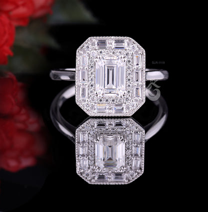 Emerald Cut Moissanite Engagement Ring – 10K White Gold Baguette Side Stone Halo Ring