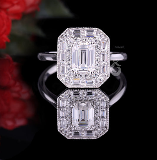 Emerald Cut Moissanite Engagement Ring – 10K White Gold Baguette Side Stone Halo Ring