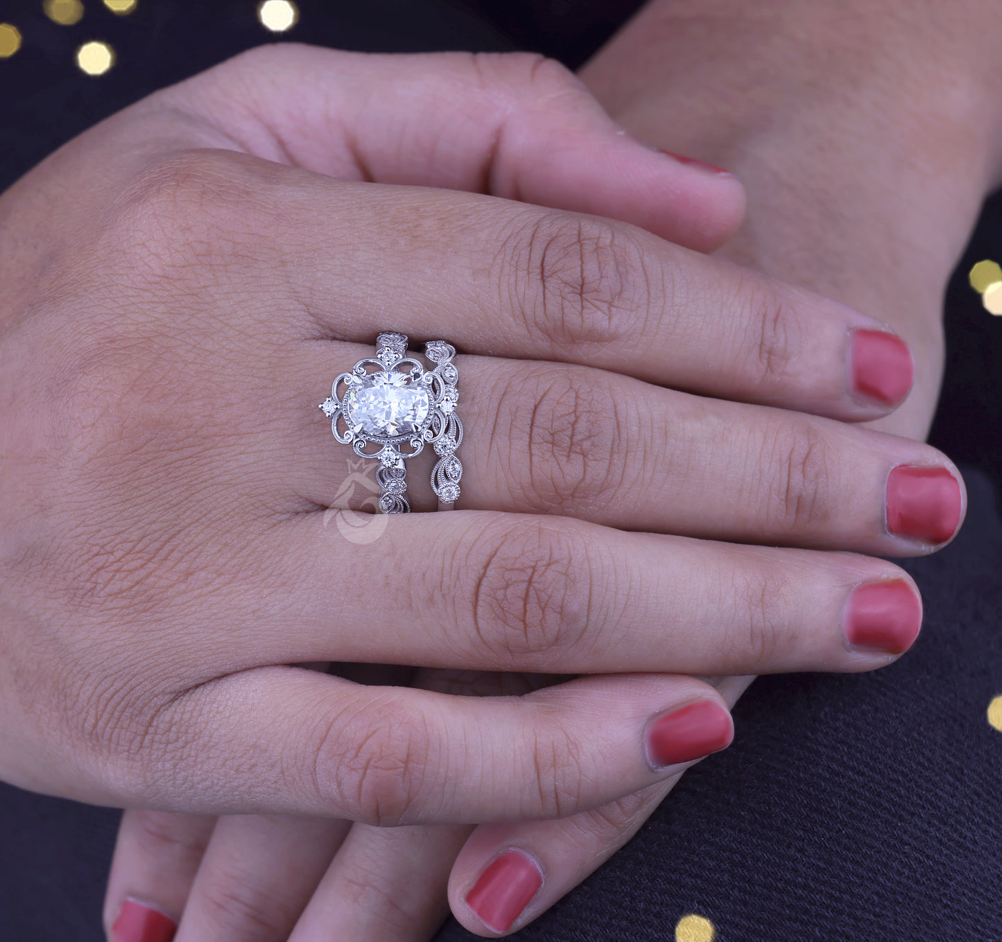1.72 TCW Oval Moissanite Halo Engagement Ring Set, 14k White Gold