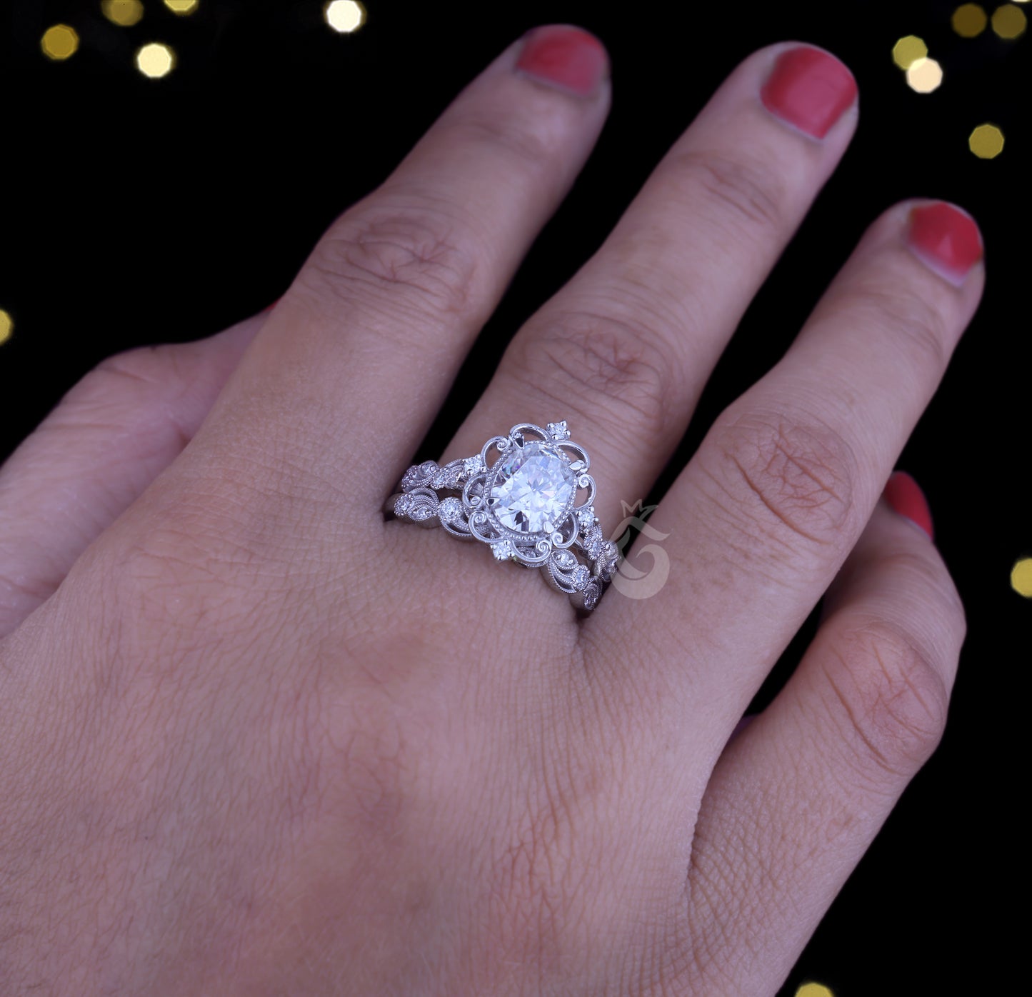 1.72 TCW Oval Moissanite Halo Engagement Ring Set, 14k White Gold