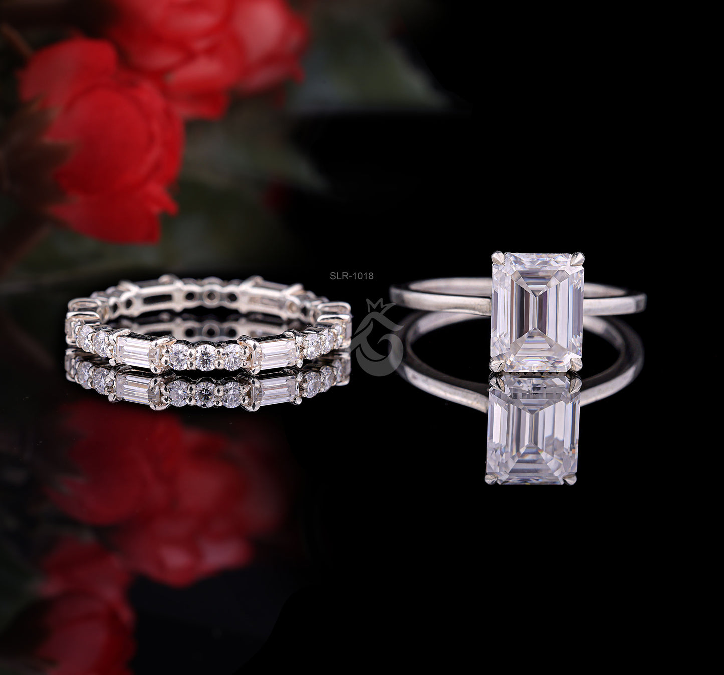 9x7mm Emerald Cut Moissanite Engagement Ring Set – Baguette & Round Full Eternity Band with Hidden Halo