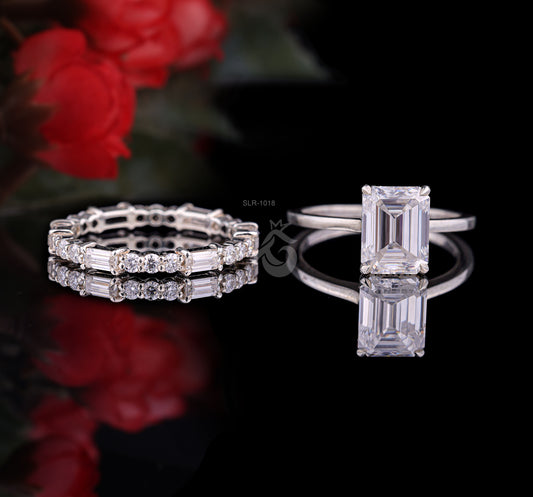 9x7mm Emerald Cut Moissanite Engagement Ring Set – Baguette & Round Full Eternity Band with Hidden Halo
