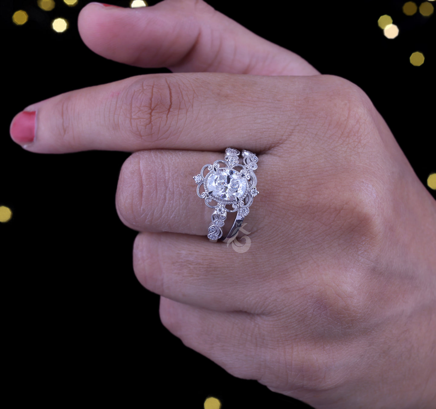 1.72 TCW Oval Moissanite Halo Engagement Ring Set, 14k White Gold