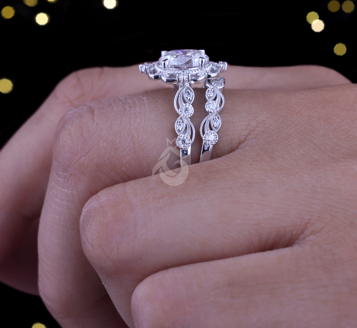 1.72 TCW Oval Moissanite Halo Engagement Ring Set, 14k White Gold