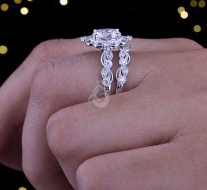 1.72 TCW Oval Moissanite Halo Engagement Ring Set, 14k White Gold