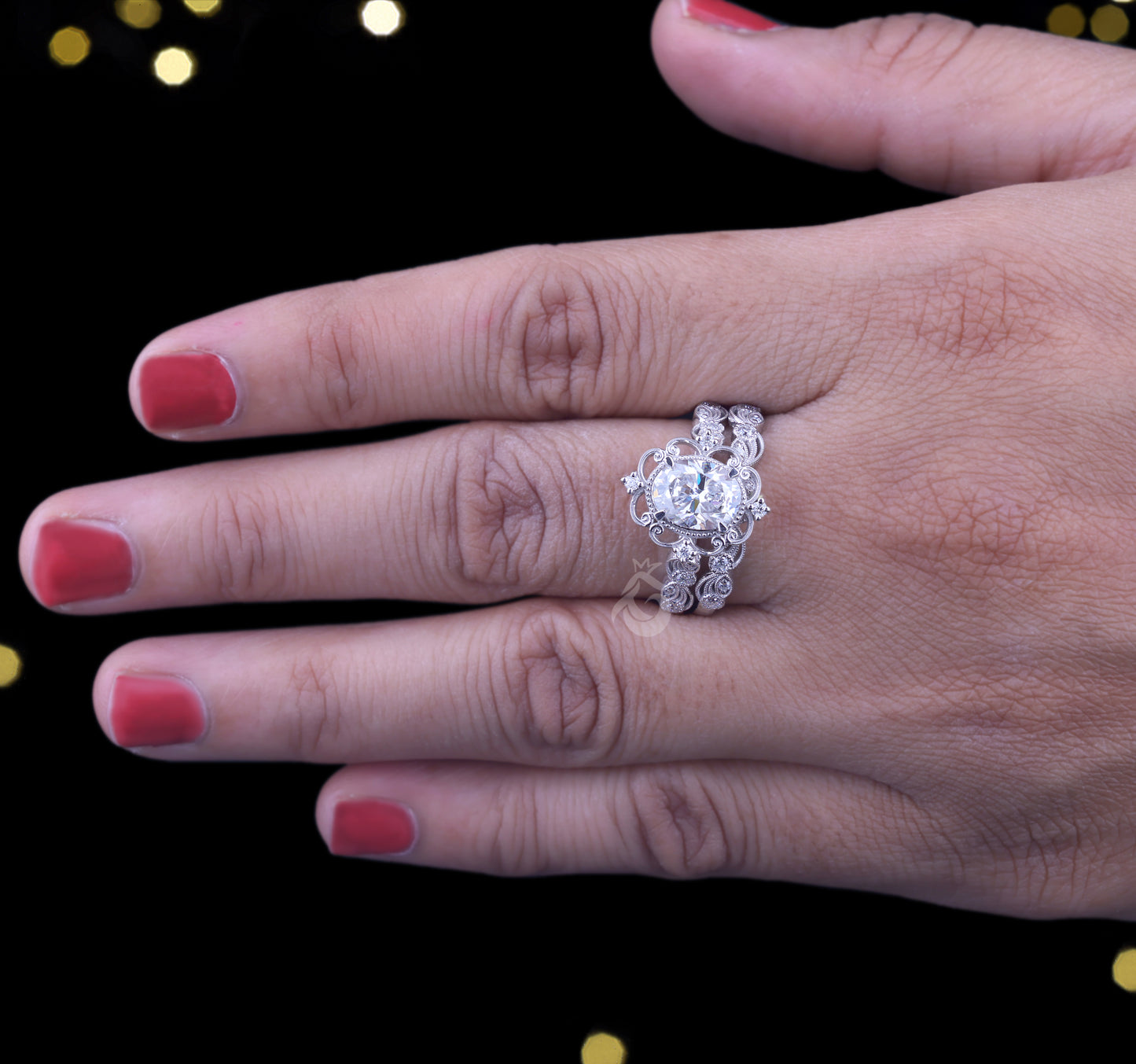 1.72 TCW Oval Moissanite Halo Engagement Ring Set, 14k White Gold