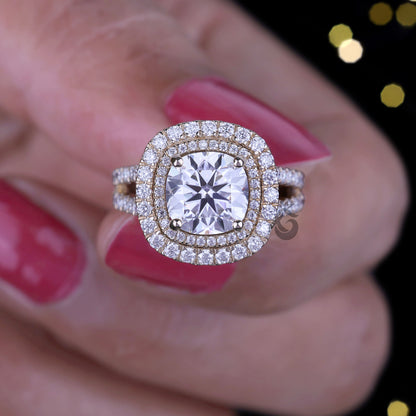 2.65 TW Cushion & Round Moissanite Halo Ring – 14K Gold Split Shank Engagement & Wedding Ring