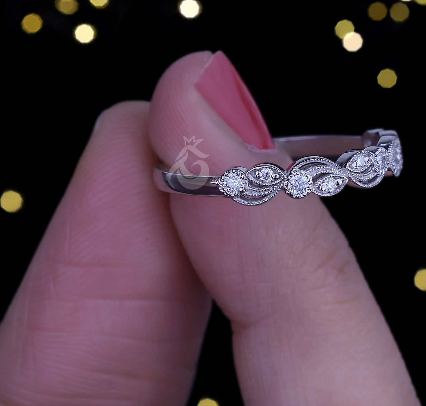 0.12 TCW Vintage Round Moissanite Band – 14K White Gold Milgrain Half Eternity Wedding Ring