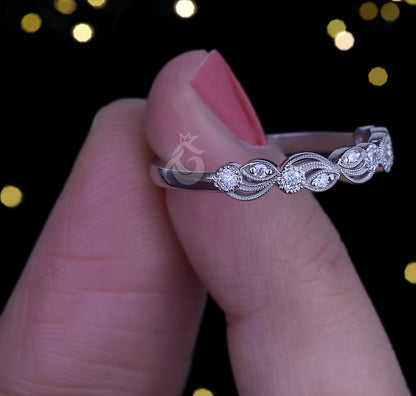 0.12 TCW Vintage Round Moissanite Band – 14K White Gold Milgrain Half Eternity Wedding Ring