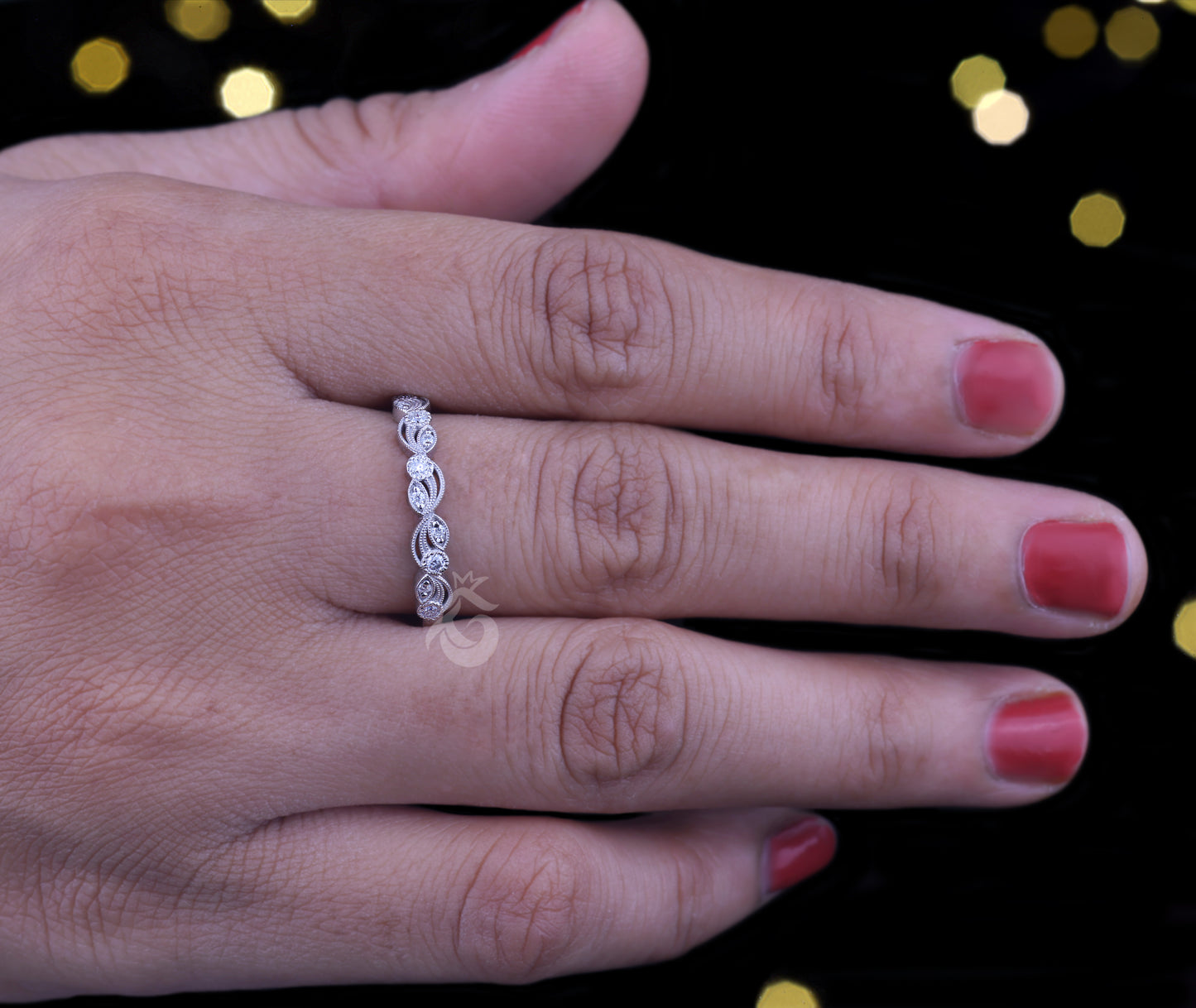 0.12 TCW Vintage Round Moissanite Band – 14K White Gold Milgrain Half Eternity Wedding Ring