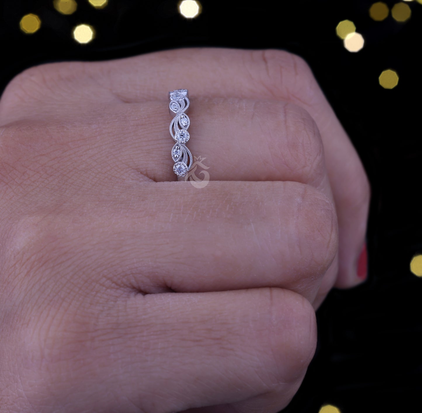 0.12 TCW Vintage Round Moissanite Band – 14K White Gold Milgrain Half Eternity Wedding Ring