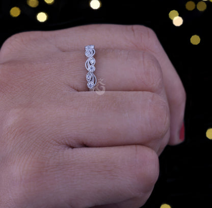 0.12 TCW Vintage Round Moissanite Band – 14K White Gold Milgrain Half Eternity Wedding Ring
