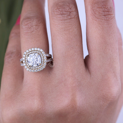2.65 TW Cushion & Round Moissanite Halo Ring – 14K Gold Split Shank Engagement & Wedding Ring