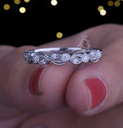 0.12 TCW Vintage Round Moissanite Band – 14K White Gold Milgrain Half Eternity Wedding Ring