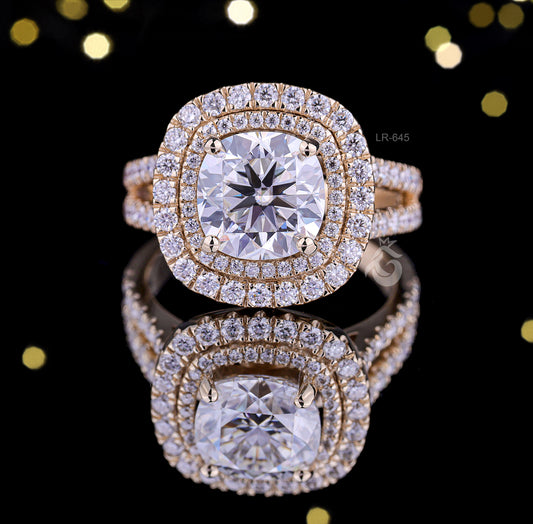 2.65 TW Cushion & Round Moissanite Halo Ring – 14K Gold Split Shank Engagement & Wedding Ring