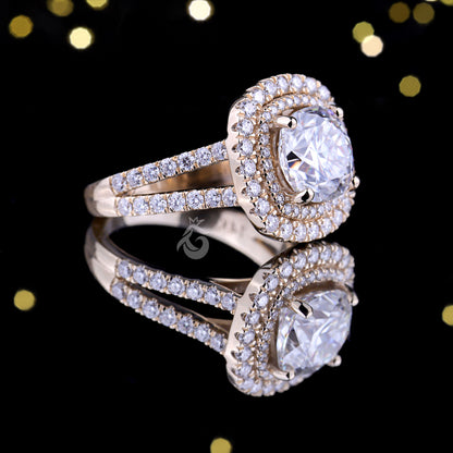 2.65 TW Cushion & Round Moissanite Halo Ring – 14K Gold Split Shank Engagement & Wedding Ring