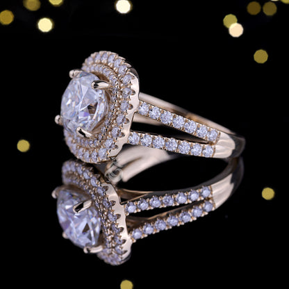 2.65 TW Cushion & Round Moissanite Halo Ring – 14K Gold Split Shank Engagement & Wedding Ring