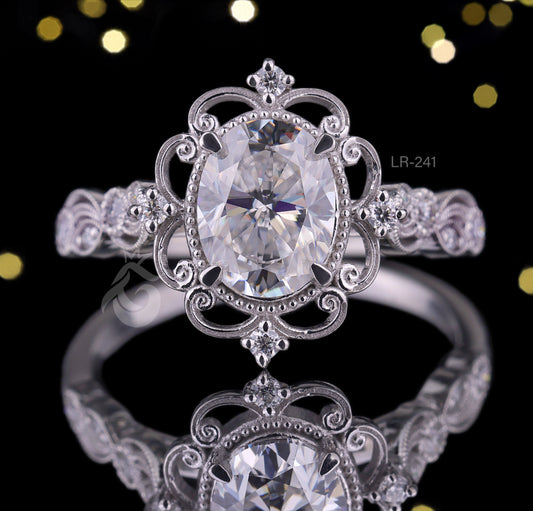 1.5CT Oval Forever One Moissanite Ring – 14K White Gold Vintage Floral Mil grain Wedding Band