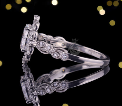 1.5CT Oval Forever One Moissanite Ring – 14K White Gold Vintage Floral Mil grain Wedding Band