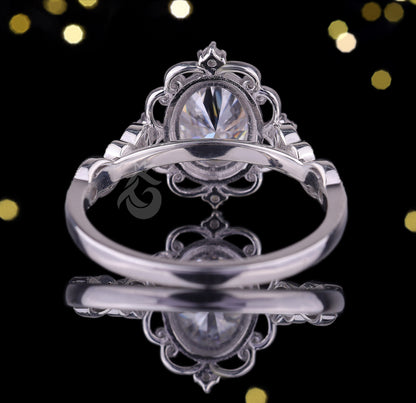1.5CT Oval Forever One Moissanite Ring – 14K White Gold Vintage Floral Mil grain Wedding Band