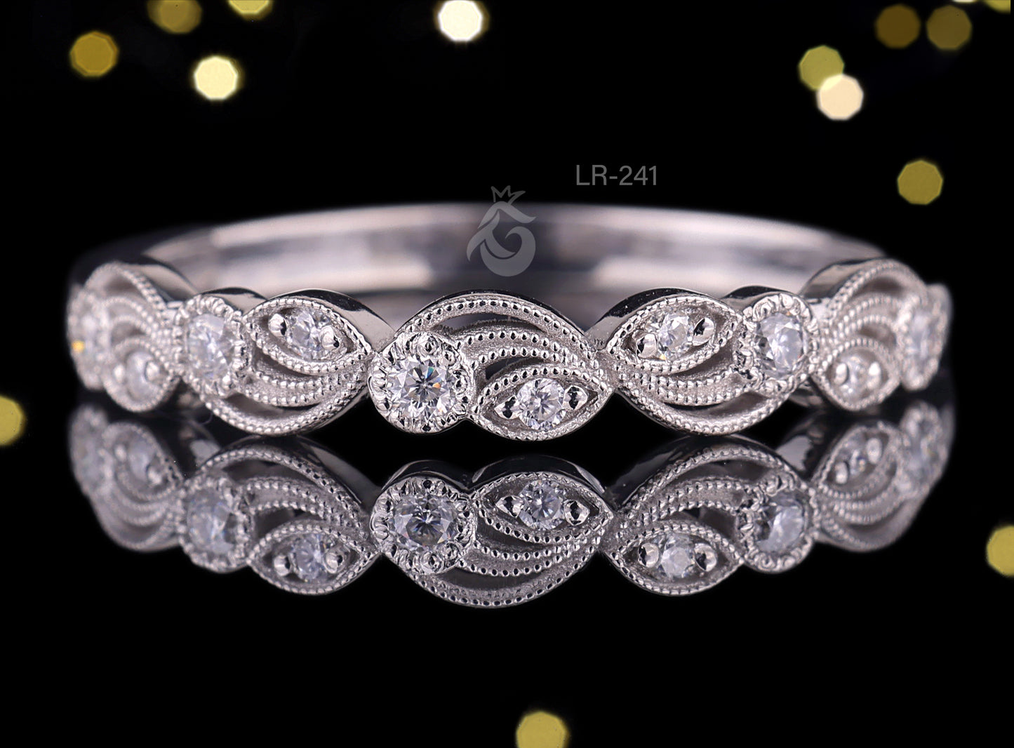 0.12 TCW Vintage Round Moissanite Band – 14K White Gold Milgrain Half Eternity Wedding Ring