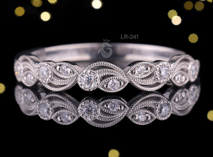 0.12 TCW Vintage Round Moissanite Band – 14K White Gold Milgrain Half Eternity Wedding Ring