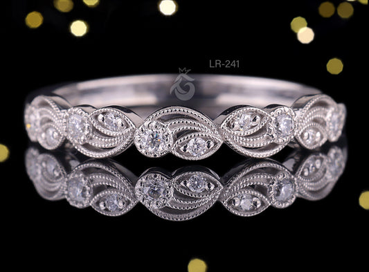 0.12 TCW Vintage Round Moissanite Band – 14K White Gold Milgrain Half Eternity Wedding Ring