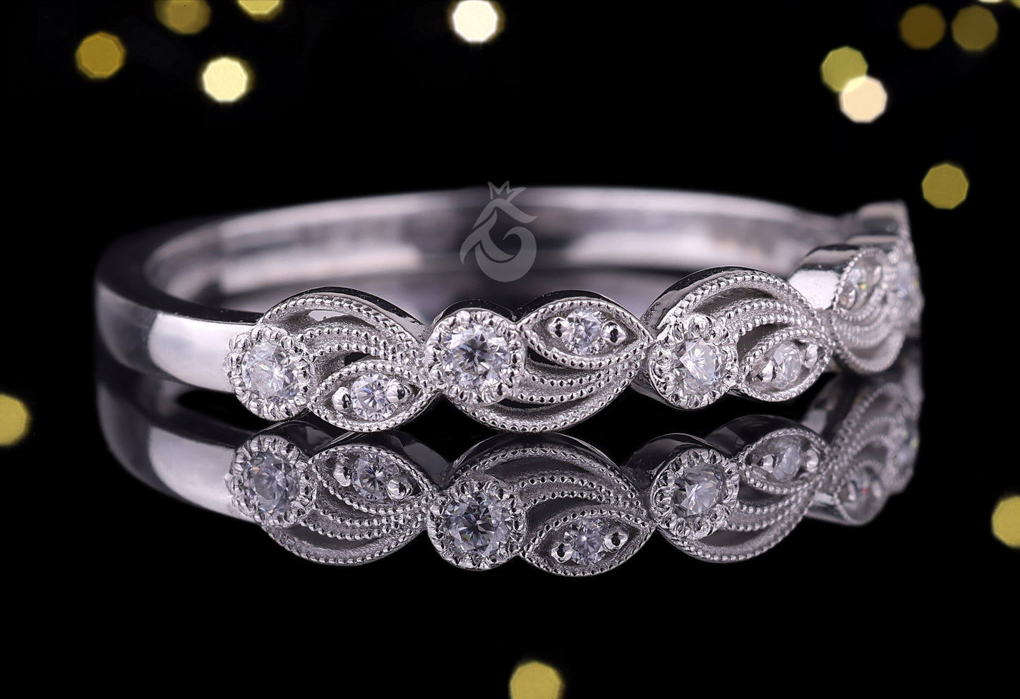 0.12 TCW Vintage Round Moissanite Band – 14K White Gold Milgrain Half Eternity Wedding Ring