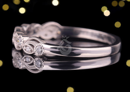 0.12 TCW Vintage Round Moissanite Band – 14K White Gold Milgrain Half Eternity Wedding Ring