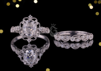 1.72 TCW Oval Moissanite Halo Engagement Ring Set, 14k White Gold