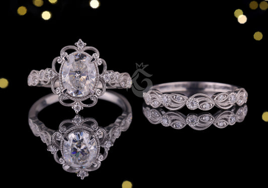 1.72 TCW Oval Moissanite Halo Engagement Ring Set, 14k White Gold