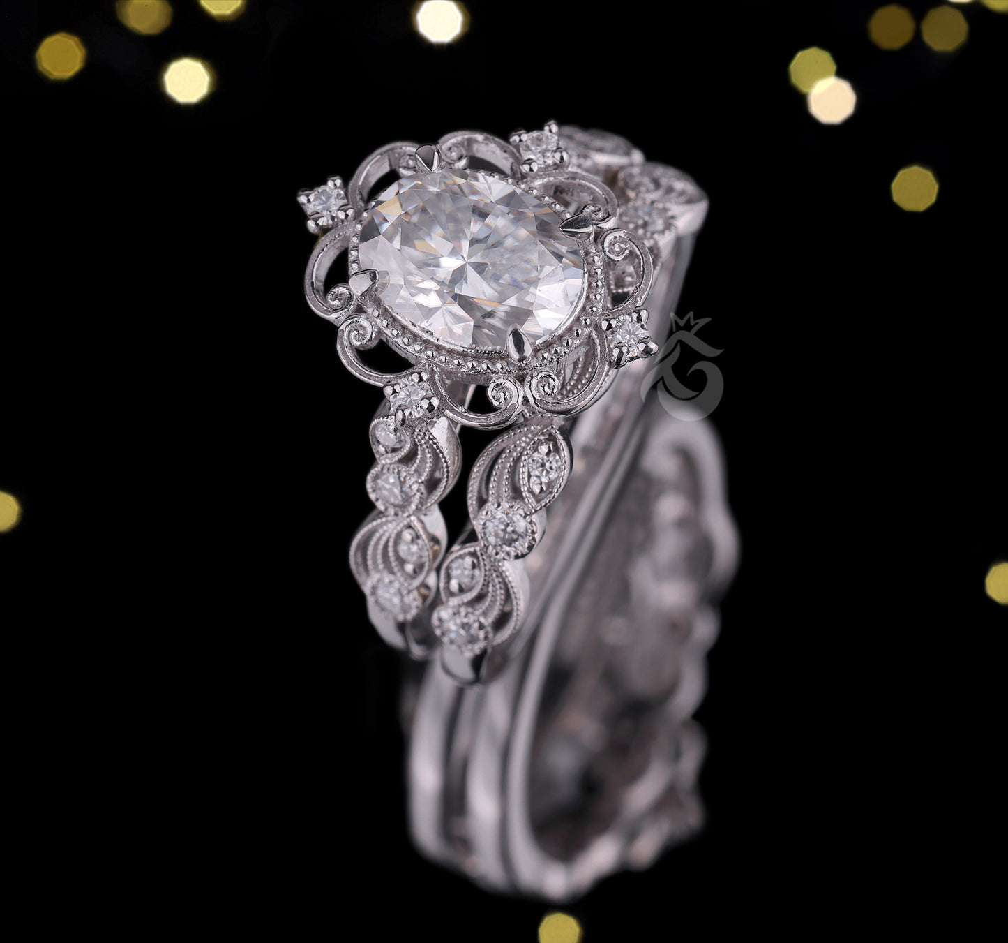 1.72 TCW Oval Moissanite Halo Engagement Ring Set, 14k White Gold