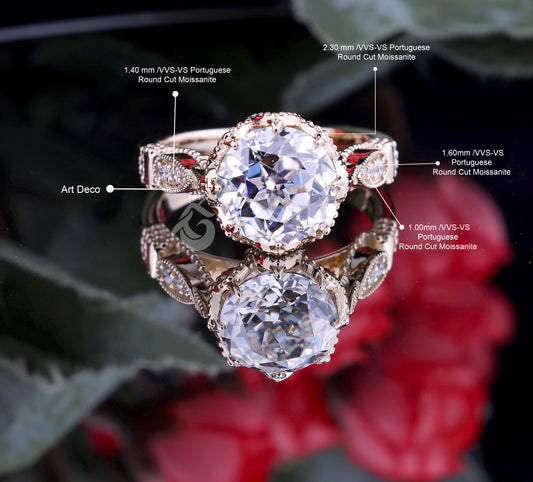 2.80 CT Old European Cut Moissanite Ring, 10K Art Deco Milgrain Engagement Ring