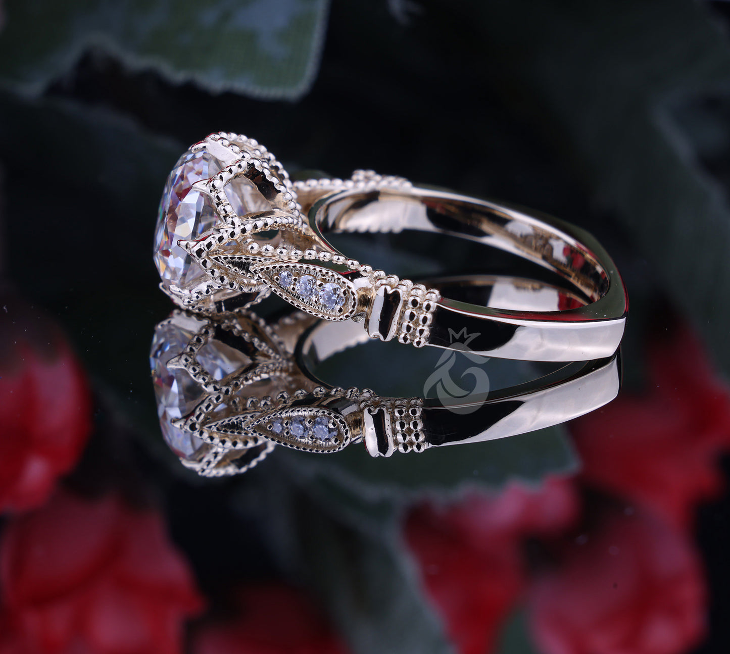 2.80 CT Old European Cut Moissanite Ring, 10K Art Deco Milgrain Engagement Ring