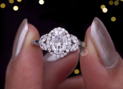 Oval Halo Moissanite Engagement Ring – 10K Gold Marquise Side Stone Bridal & Anniversary Ring