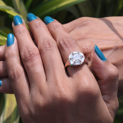 Antique Hexagon Moissanite Engagement Ring, Baguette Halo, 14K Rose Gold