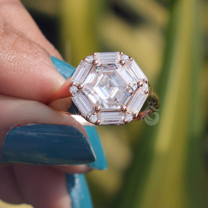 Antique Hexagon Moissanite Engagement Ring, Baguette Halo, 14K Rose Gold