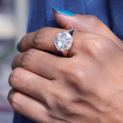 Antique Hexagon Moissanite Engagement Ring, Baguette Halo, 14K Rose Gold