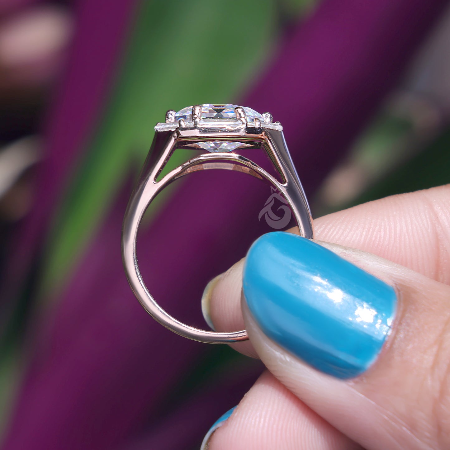 Antique Hexagon Moissanite Engagement Ring, Baguette Halo, 14K Rose Gold
