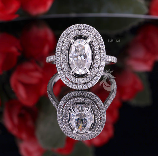 Oval Double Halo Moissanite Engagement Ring, 4.26 CT Pave Moissanite Band, 14K Gold Gift for Her