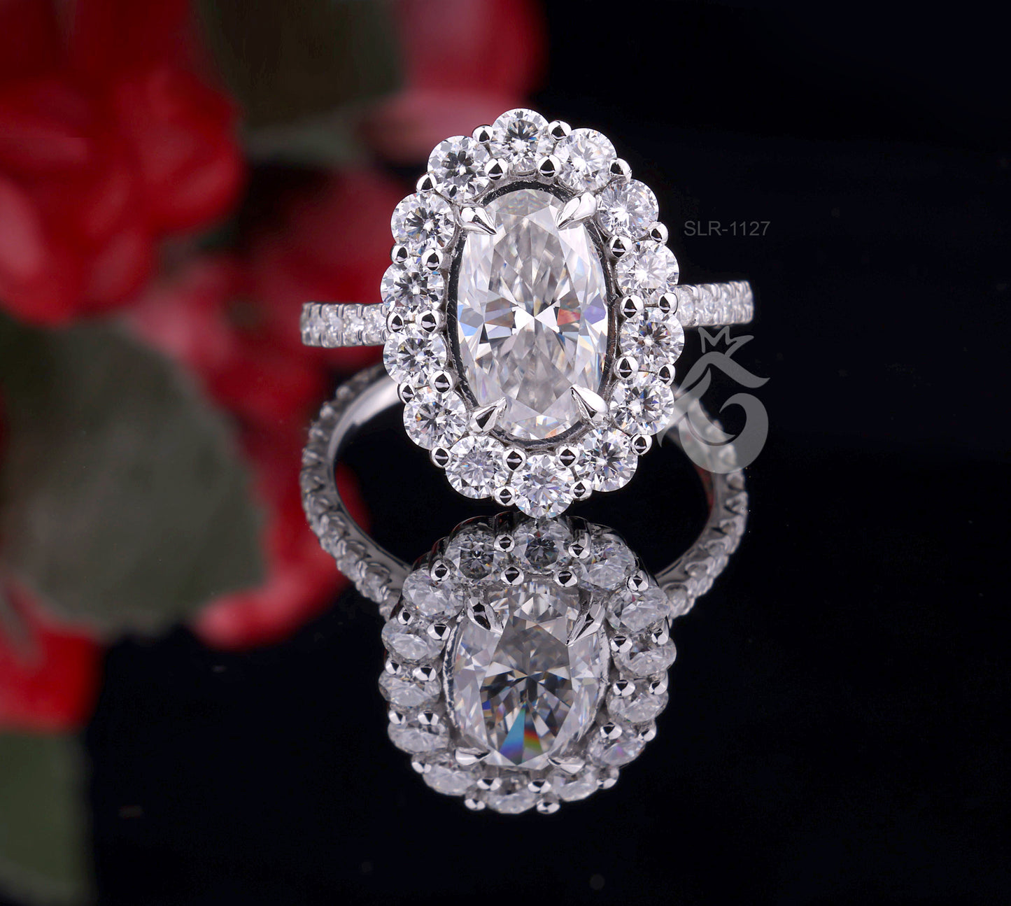 5.50 TW Moval Moissanite Engagement Ring, Decorative Flower Ring, 10K/14K White Gold, Anniversary Gift