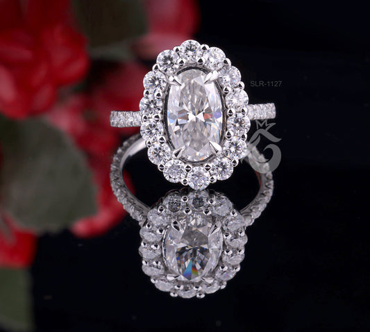 5.50 TW Moval Moissanite Engagement Ring, Decorative Flower Ring, 10K/14K White Gold, Anniversary Gift