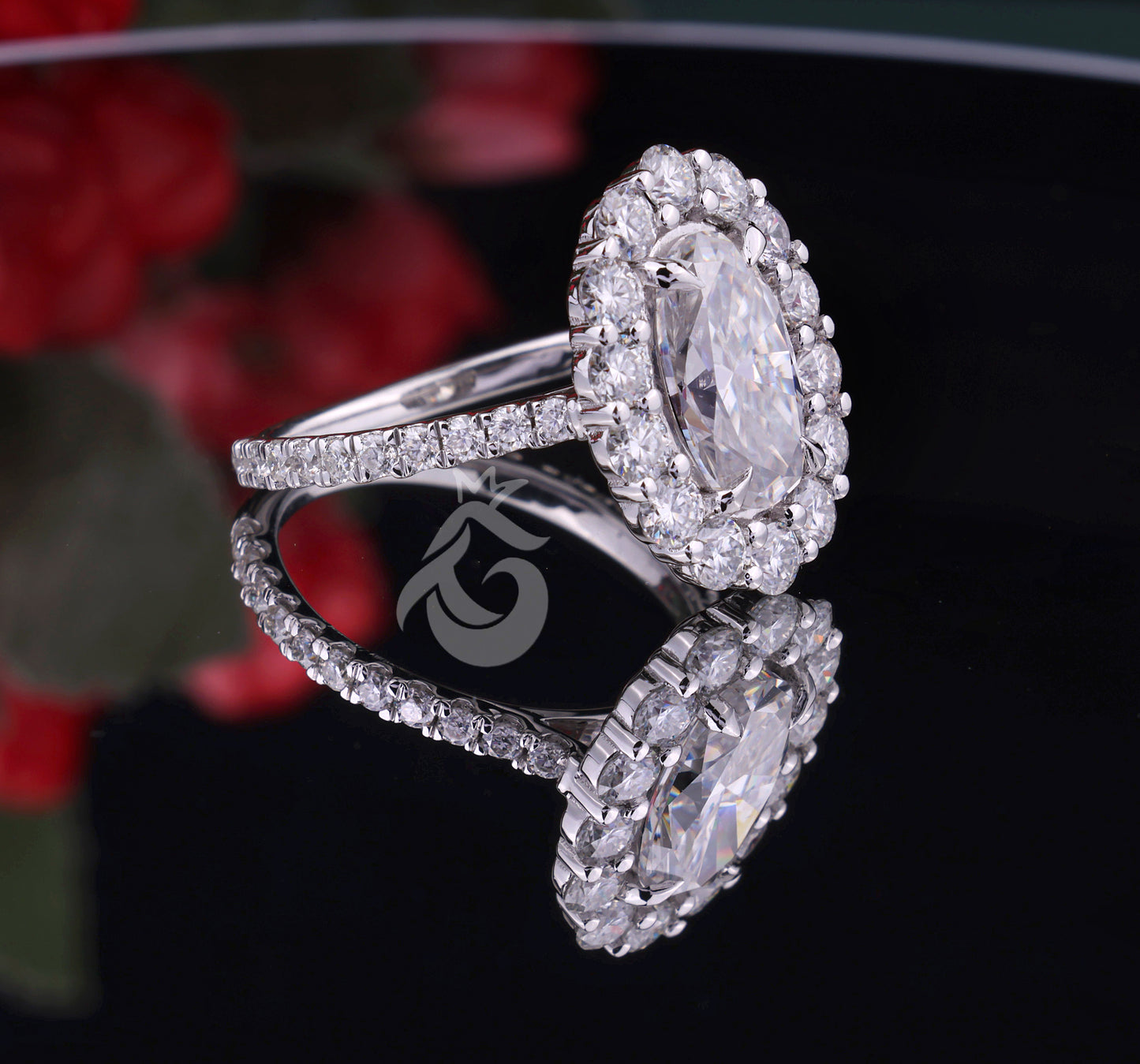 5.50 TW Moval Moissanite Engagement Ring, Decorative Flower Ring, 10K/14K White Gold, Anniversary Gift