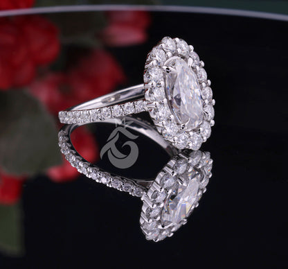 5.50 TW Moval Moissanite Engagement Ring, Decorative Flower Ring, 10K/14K White Gold, Anniversary Gift