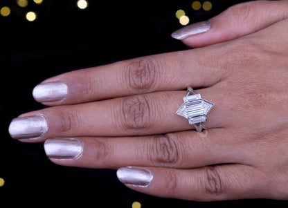 Long Hexagon Cut Moissanite Ring – 14K Gold Bezel Set Three-Stone Split Shank Wedding Ring
